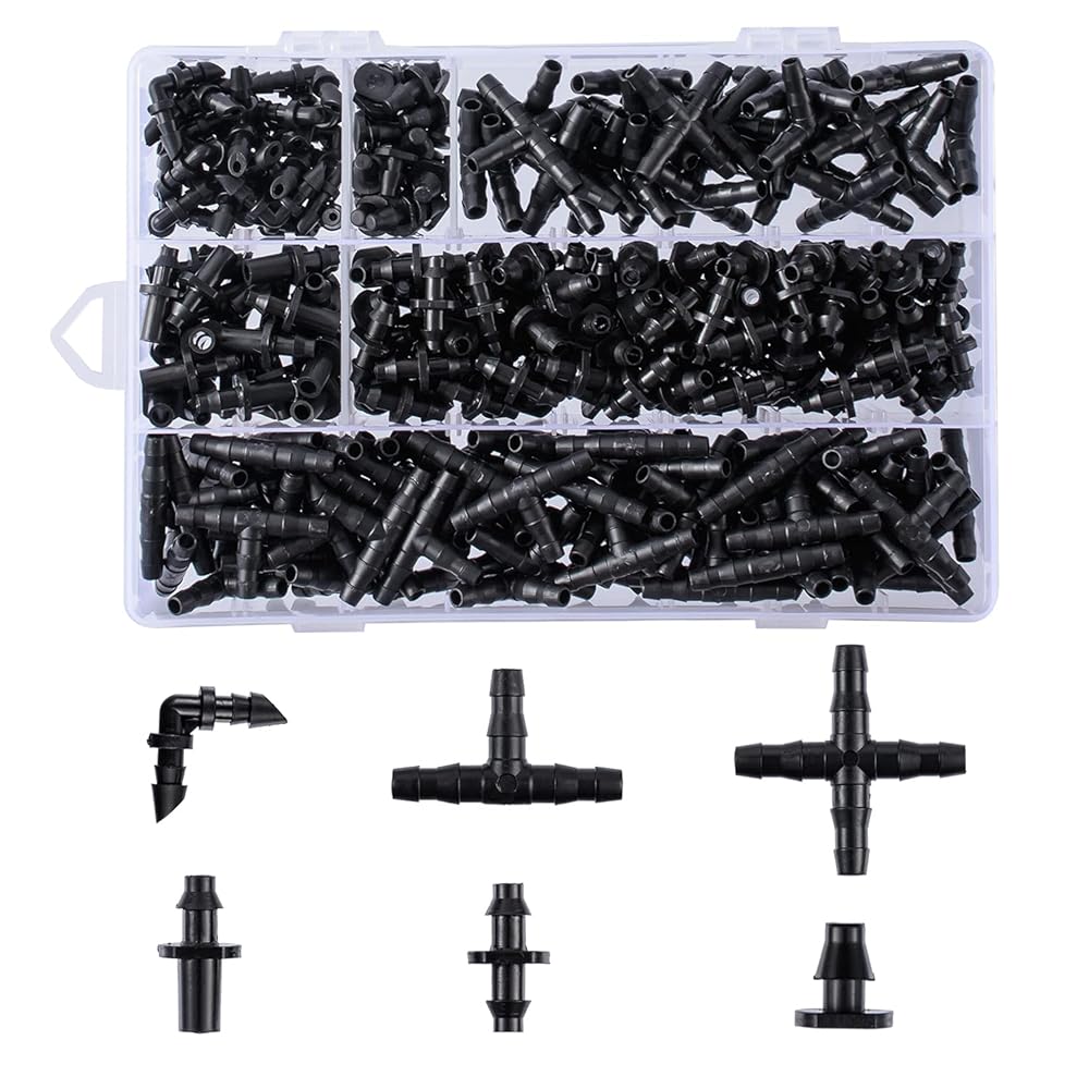 280-Piece Barbed Connector Irrigation Fittings Set for Drip Irrigation – 1/4” Tubing Connectors for Flower Pots, Gardens, and Lawns (Straight Barbs, Single…)