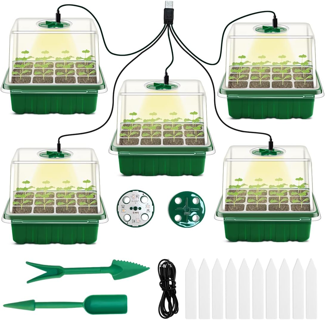 5-Pack Seed Starter Tray with Develop Gentle and Humidity Domes – Indoor Greenhouse Mini Propagator Package for Seedling Progress