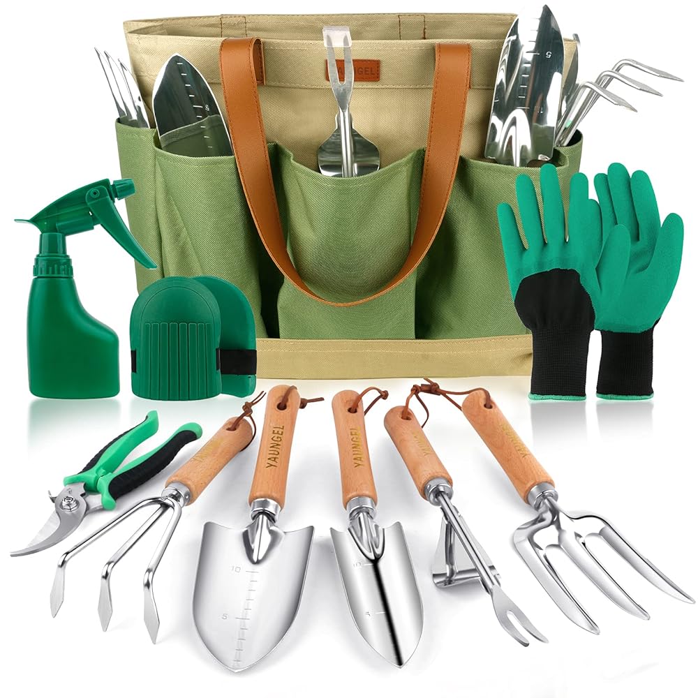 YAUNGEL 10-Piece Heavy-Obligation Gardening Software Set – Stainless Metal Hand Instruments with Picket Handles, Contains Storage Tote Bag, Excellent Gardening Presents for Males and Ladies